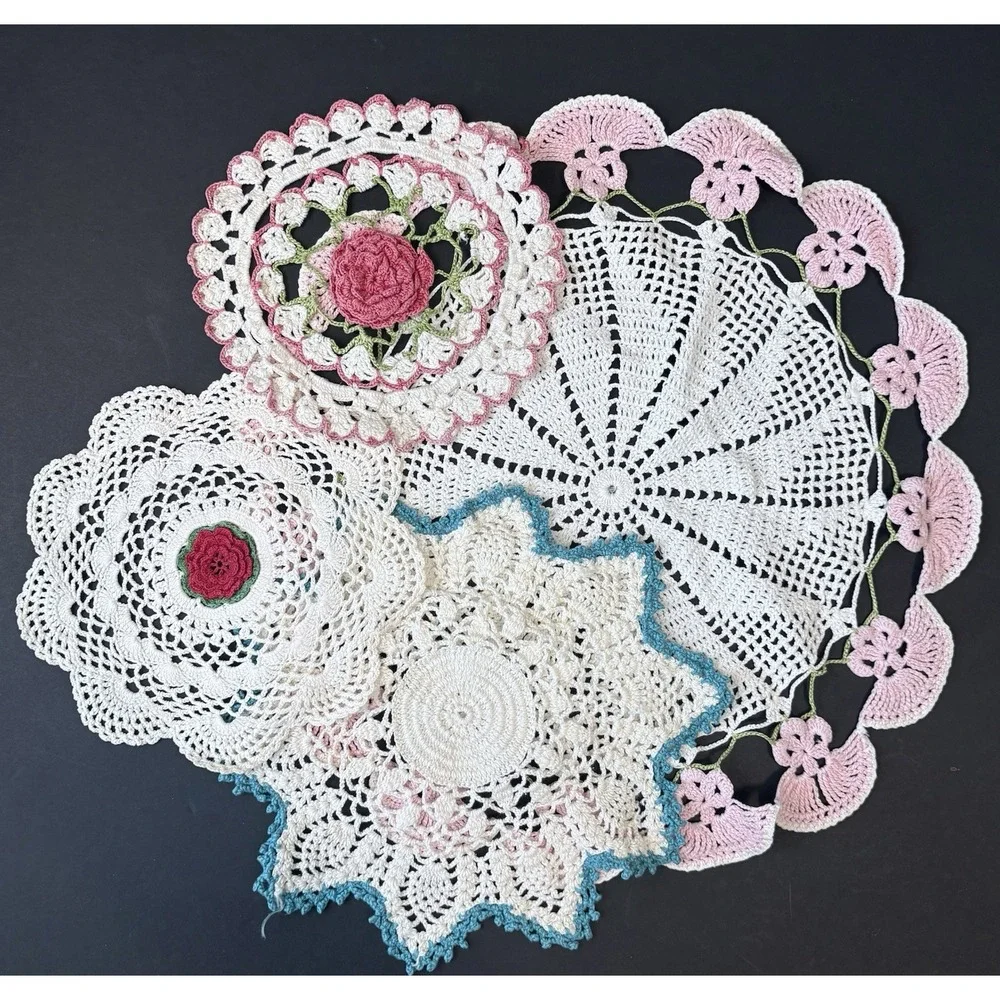 Vintage (4) Handmade Crochet Doilies Floral Colorful Round Cottage Core Grandma